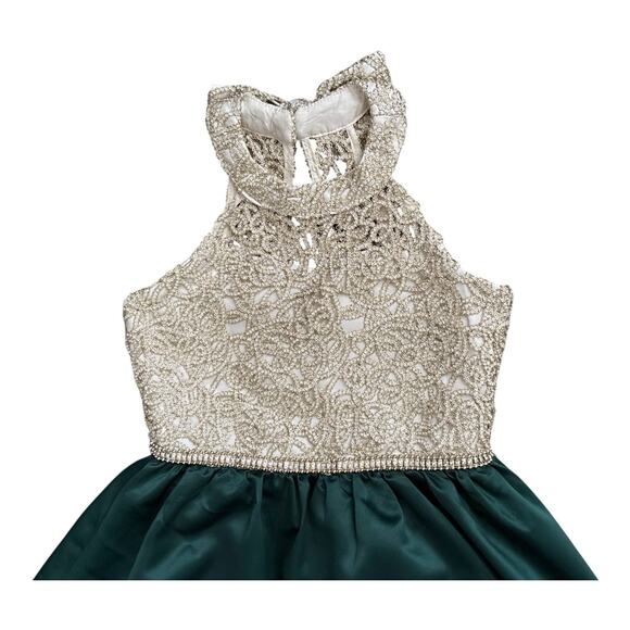 Rare Editions Girls Green Gold Lace Beaded High Low Formal Dress Size 10 - Picture 3 of 9